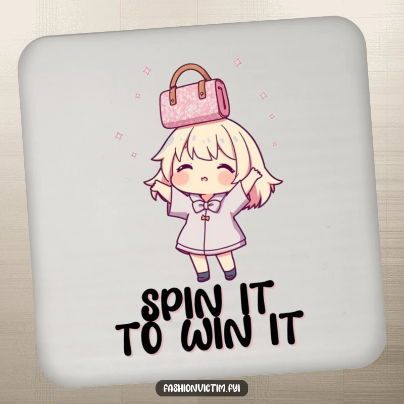 Funny Drink Coaster featuring a character playfully spinning a shimmering handbag overhead, adding a humorous touch to table protection.