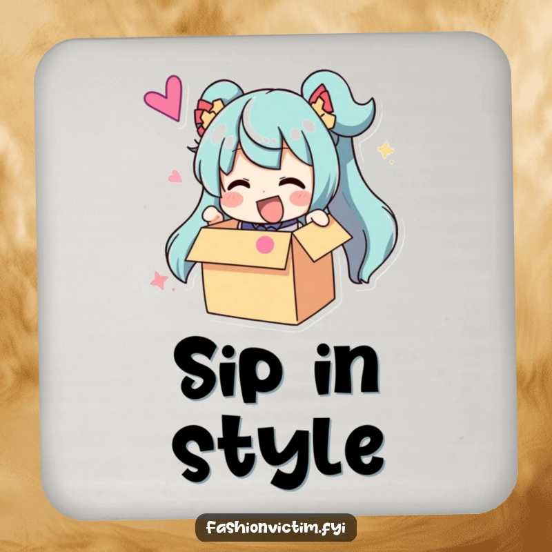 Funny Coaster Set: Character humorously unboxing a ridiculously large and colorful accessory, adding a fun touch to drinkware.