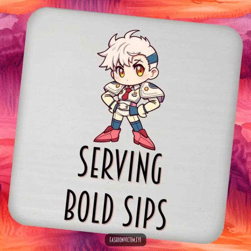 Funny Coaster Set: Character humorously striking a power pose with shoulder pads and pointy shoes, adding a fun touch.