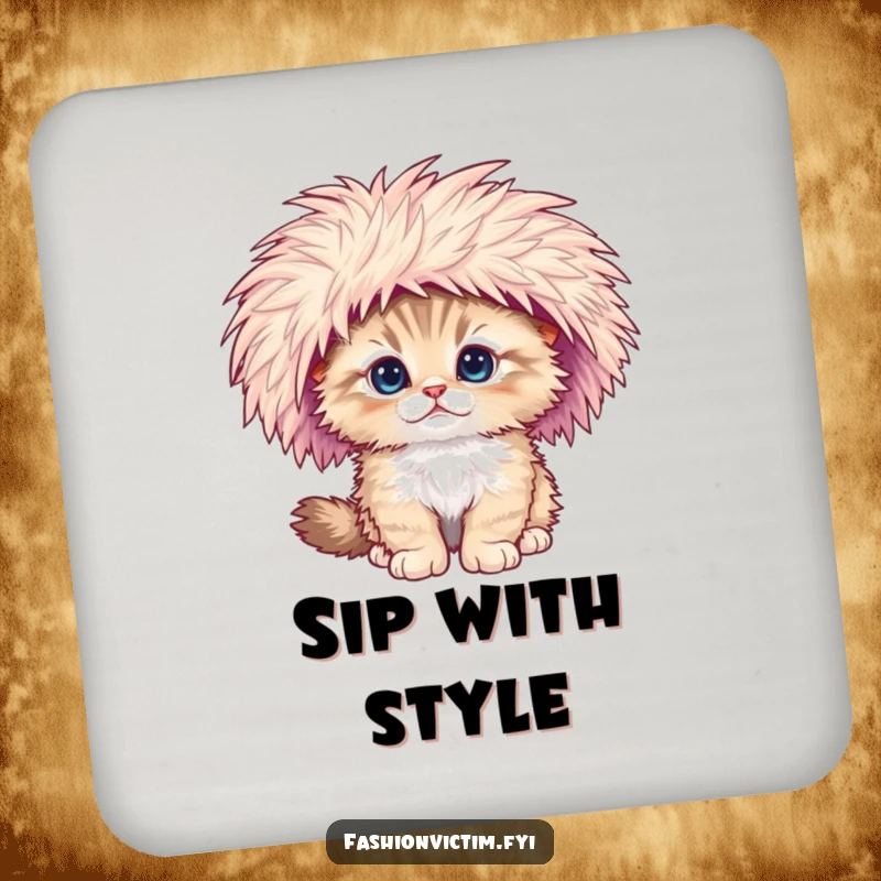 Funny coasters featuring a fluffy kitten hilariously falling over, its large feathered hat tilted amusingly.