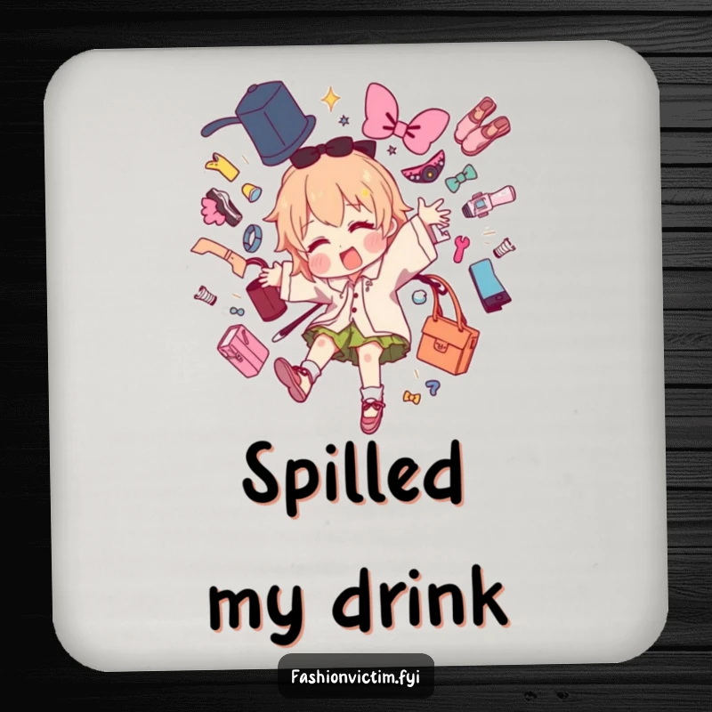Funny drink coaster depicting a character dramatically tripping and scattering fashion items, adding humorous creative flair.