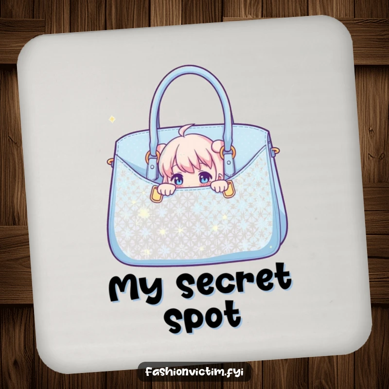 Funny drink coasters with a character peeking from a sparkly handbag, adding a touch of humor and style to any table.