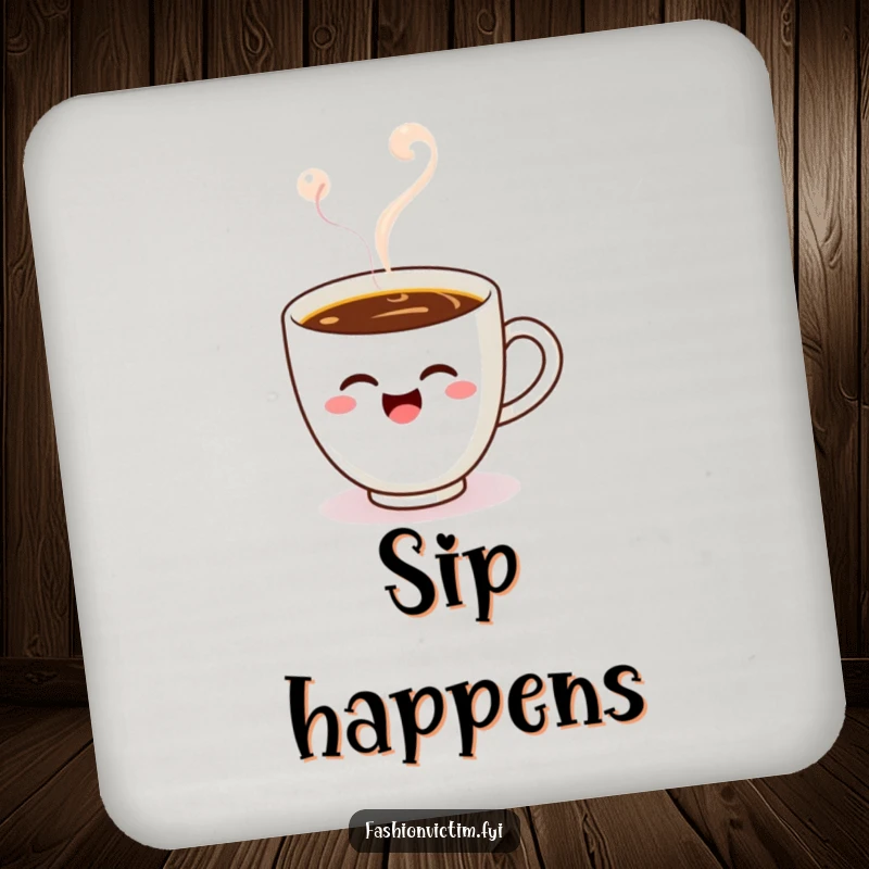 Funny Kawaii coffee cup drink coaster, a winking cup in steam, protecting surfaces with adorable humor.