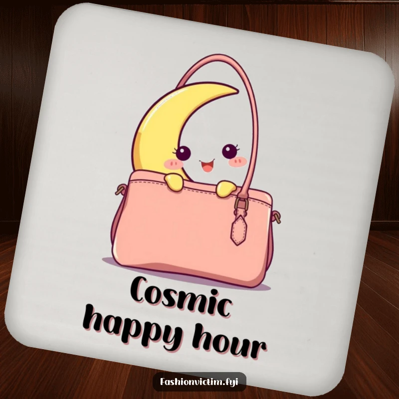 Funny happy crescent moon peeking from behind a stylish handbag design on this protective and humorous drink coaster.