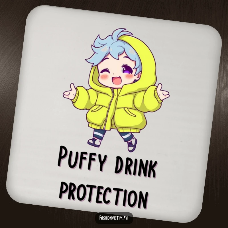 Funny drink coasters with a character modeling a neon green puffy jacket, protecting surfaces with humor and vibrant fashion.