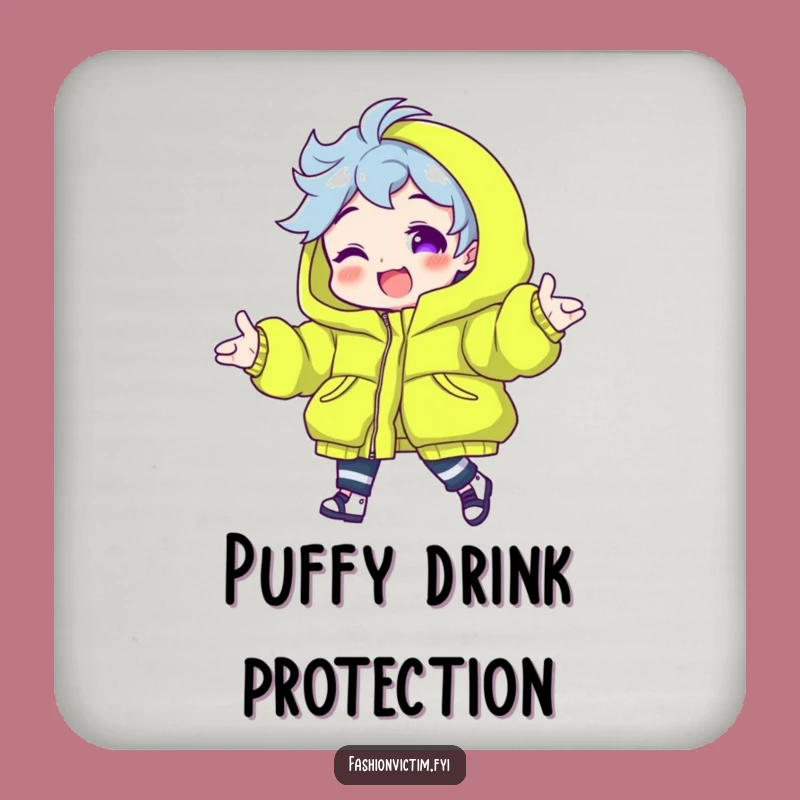 Funny Neon Puffy Jacket Drink Coaster Set. Protect surfaces with vibrant style.