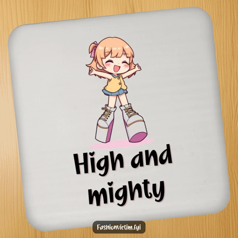 Funny drink coaster with a character gleefully attempting to walk in extremely high platform shoes, protecting furniture.