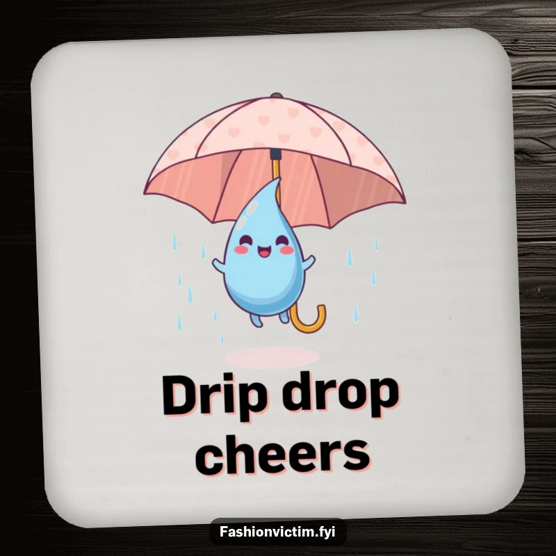 Funny Drink Coaster featuring a playful raindrop character happily bouncing on a patterned umbrella, adding charm.