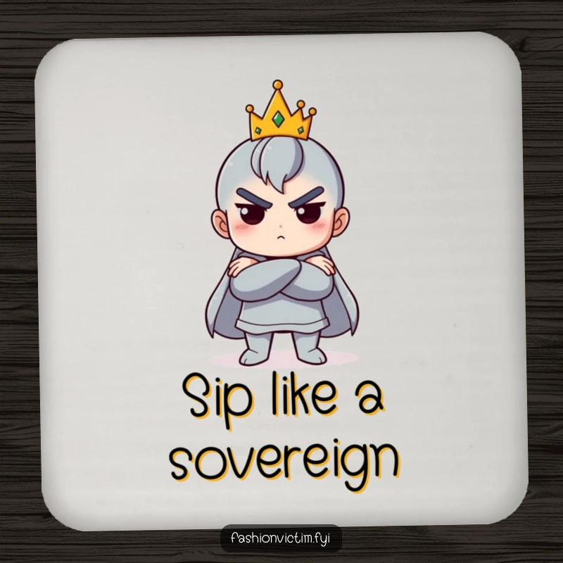 Funny drink coaster depicting a character with crossed arms and a small, tilted crown, adding humorous regal charm.
