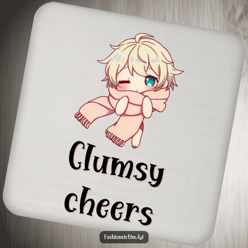 Funny drink coaster showing a character looking bewildered while tangled in a long, flowing scarf, a humorous coaster for home decor.