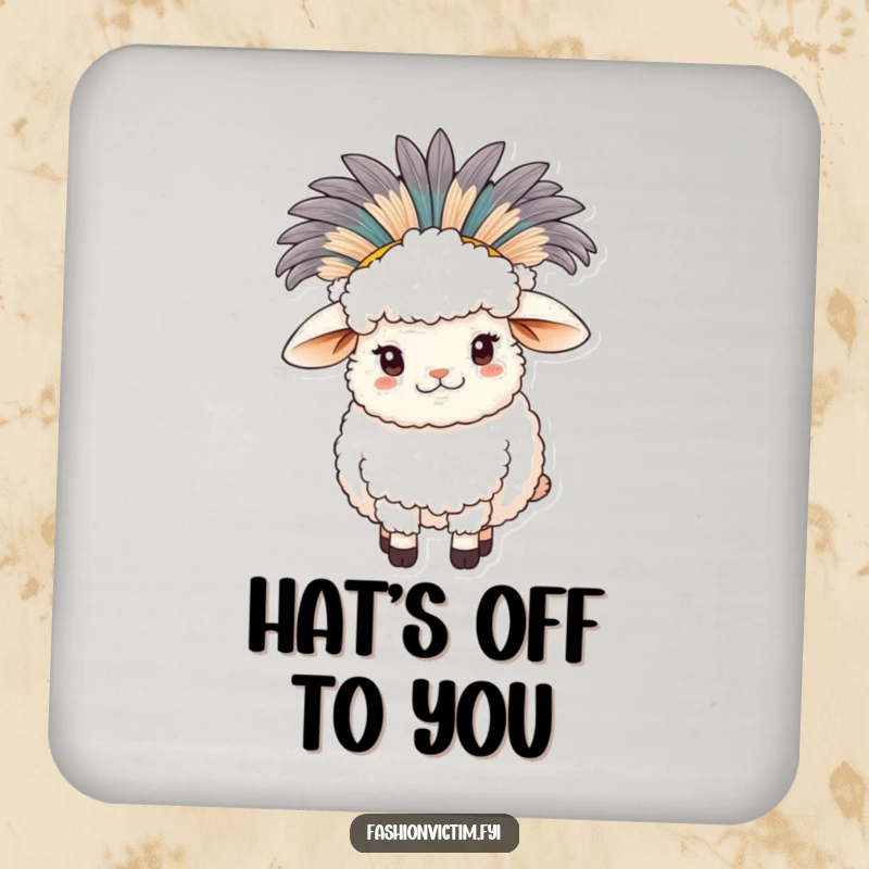 Funny sheep drink coaster, a fluffy sheep wearing a large feathered hat, protecting surfaces from drinks.