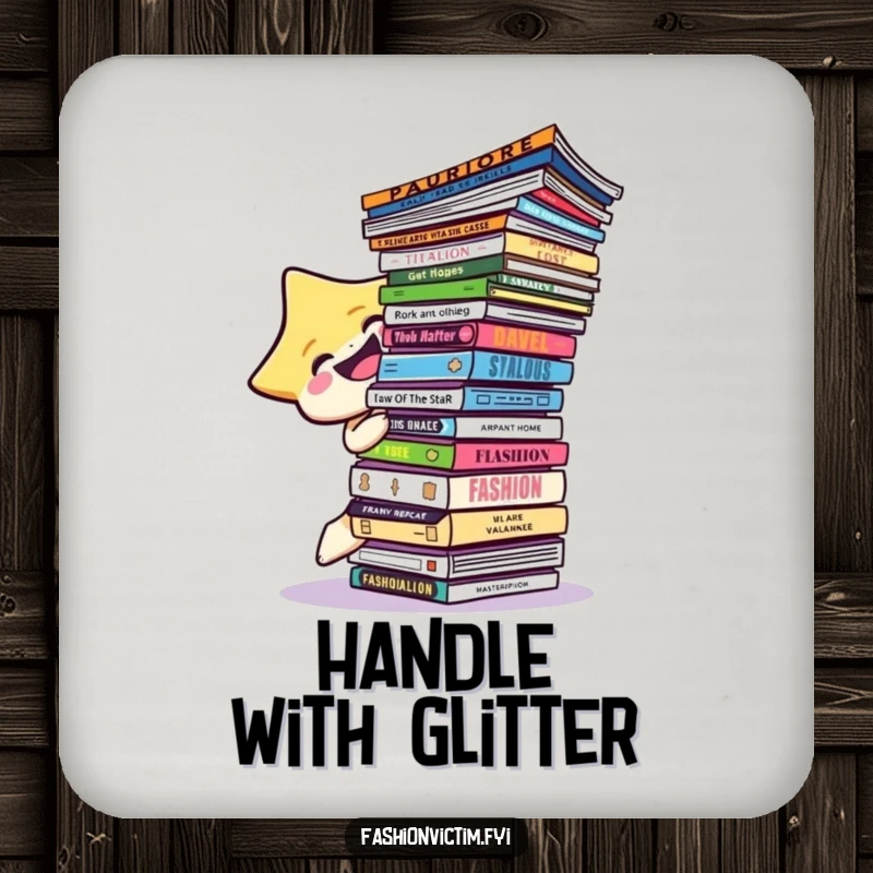 Funny star character balancing a stack of fashion magazines on a humorous drink coaster.