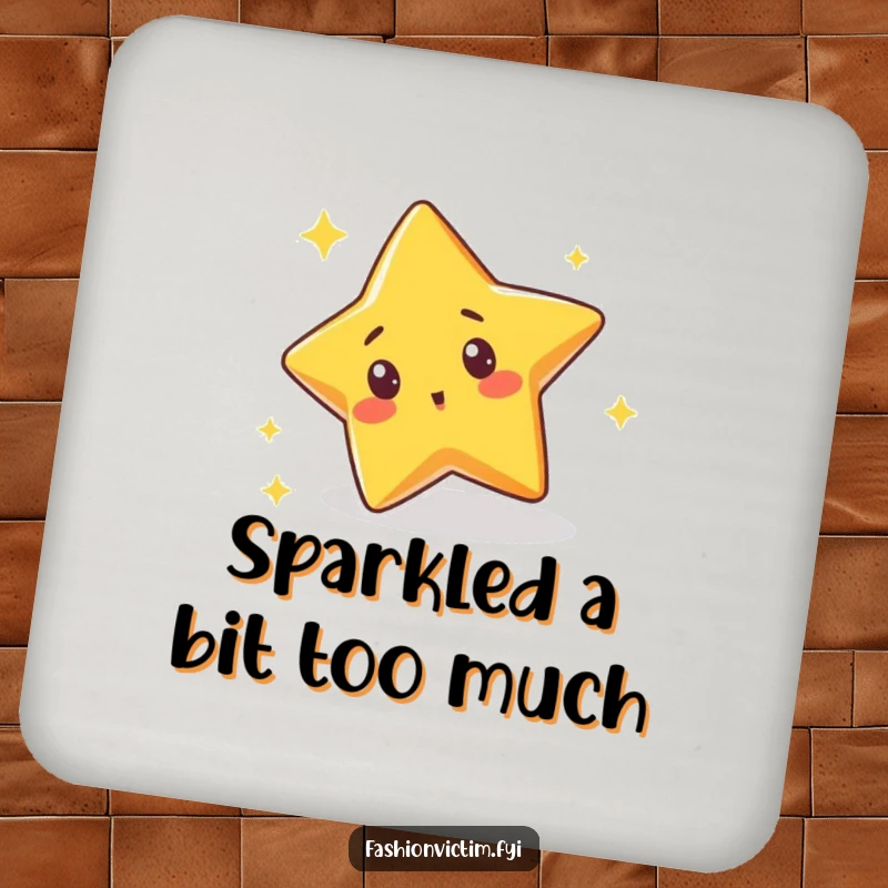 Funny drink coaster featuring a cute star character tripping over its own sparkle with a surprised expression, protecting surfaces with charm.