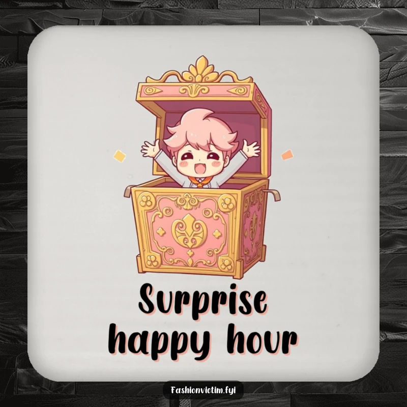 Funny Drink Coaster depicting a character bursting from an ornate box with arms outstretched, adding humorous flair.