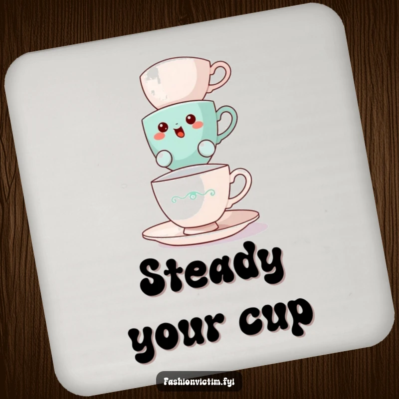 Funny teacup drink coaster, a bewildered teacup precariously balancing teacups, protecting surfaces.