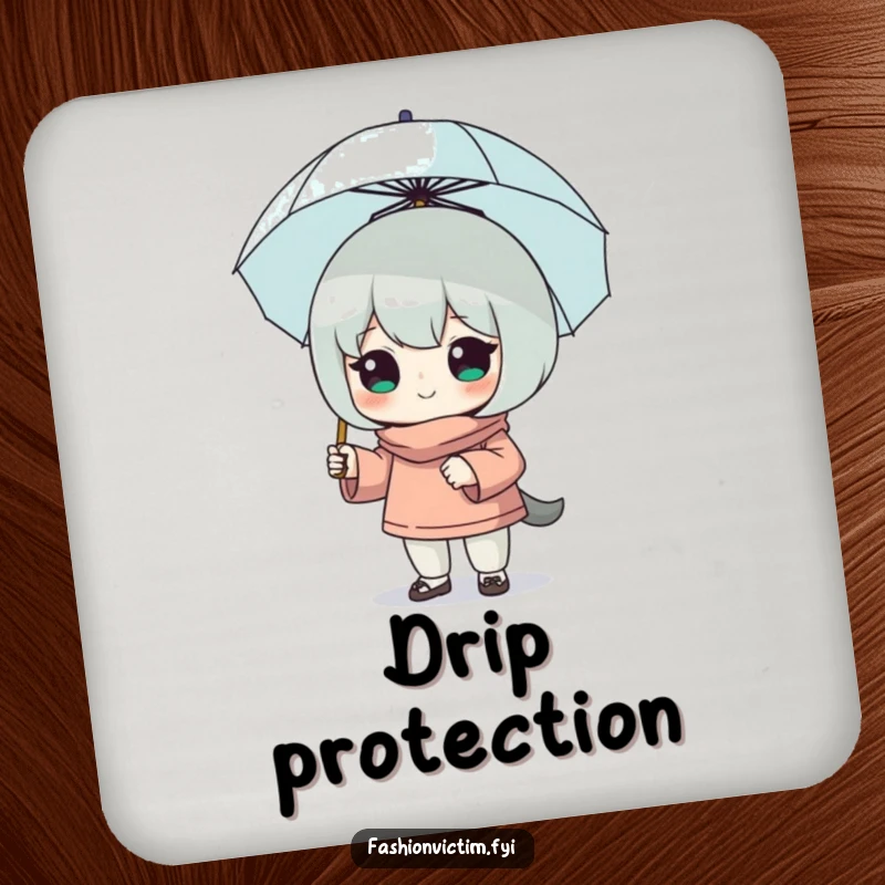 Funny drink coaster featuring a character with a tiny umbrella, exuding humorous confidence and protecting surfaces with quirky, stylish flair.