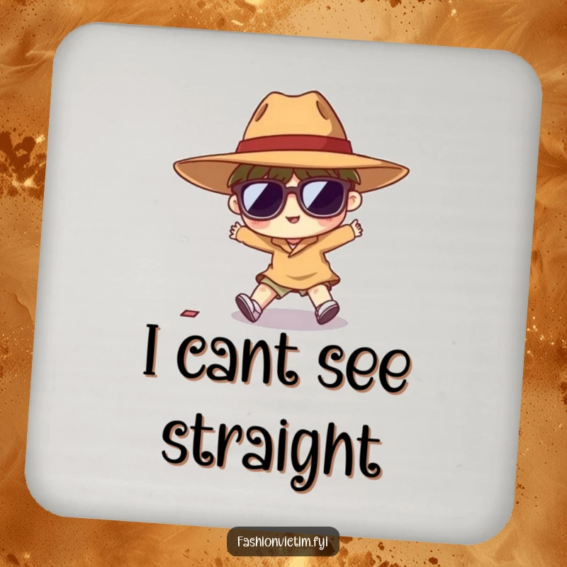 Funny drink coasters with a tiny character hilariously tripping due to an enormous hat and oversized sunglasses.