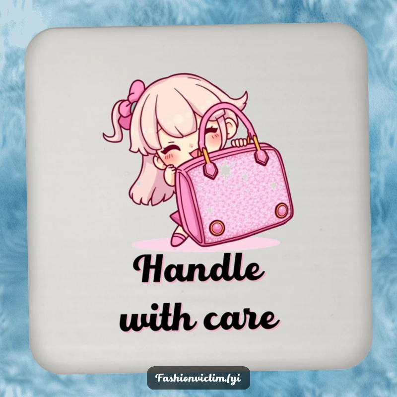 Funny drink coaster depicting a character comically wrestling a giant, sparkly handbag, for surface protection.