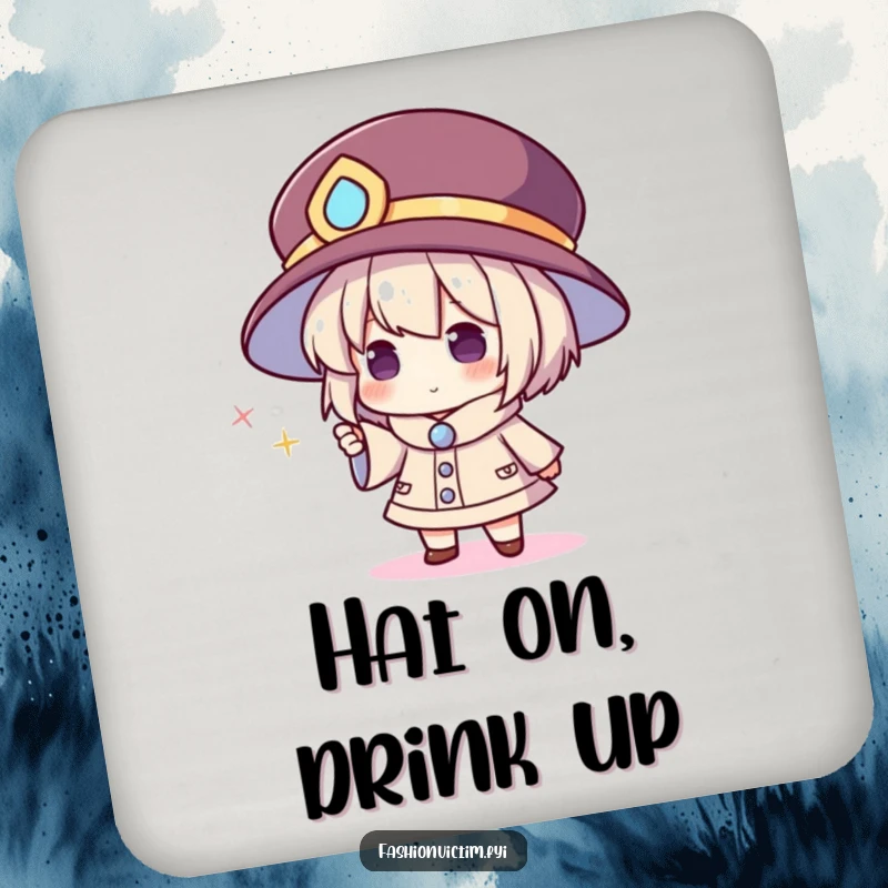 Funny drink coasters, each showing a character in a huge hat pointing at a tiny, sparkling accessory, adding humor to table settings.