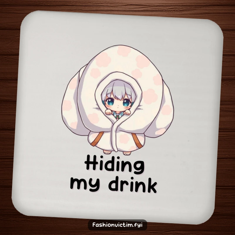 Funny Drink Coaster featuring a shy character peeking from an oversized, patterned piece of clothing, adding a humorous touch to table protection.
