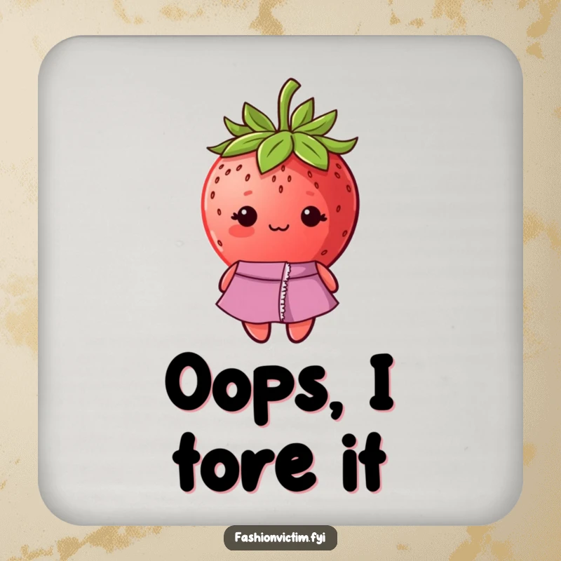 Funny drink coaster set showcasing a shy strawberry with a ripped seam on its fashionable dress, protecting surfaces.