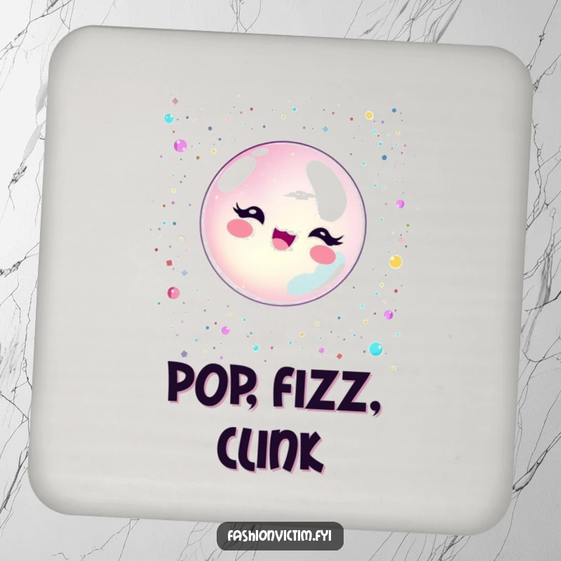 Funny bubble character delightfully popping with glitter and sequins on a sparkling drink coaster.