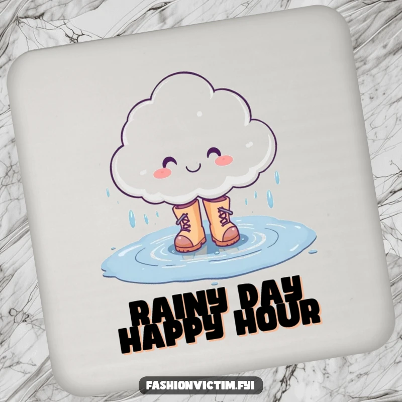 Funny drink coaster featuring a smiling rain cloud character splashing in a puddle with stylish boots, adding cheerful humor.