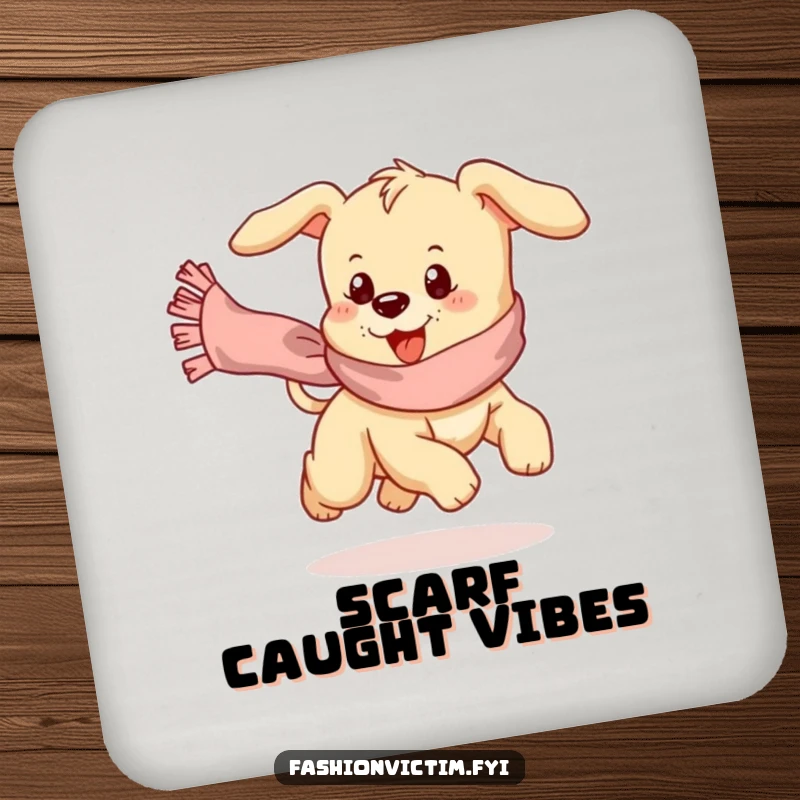 Funny drink coaster featuring a playful puppy comically chasing a runaway, frilly scarf.