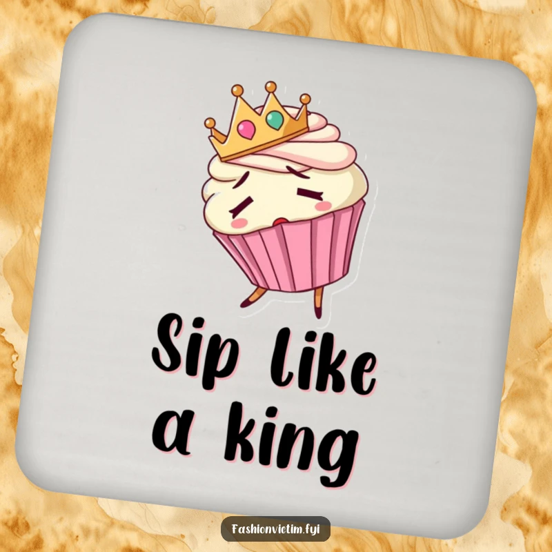 Funny coasters featuring a confused cupcake wearing a backward tiny crown and tripping.