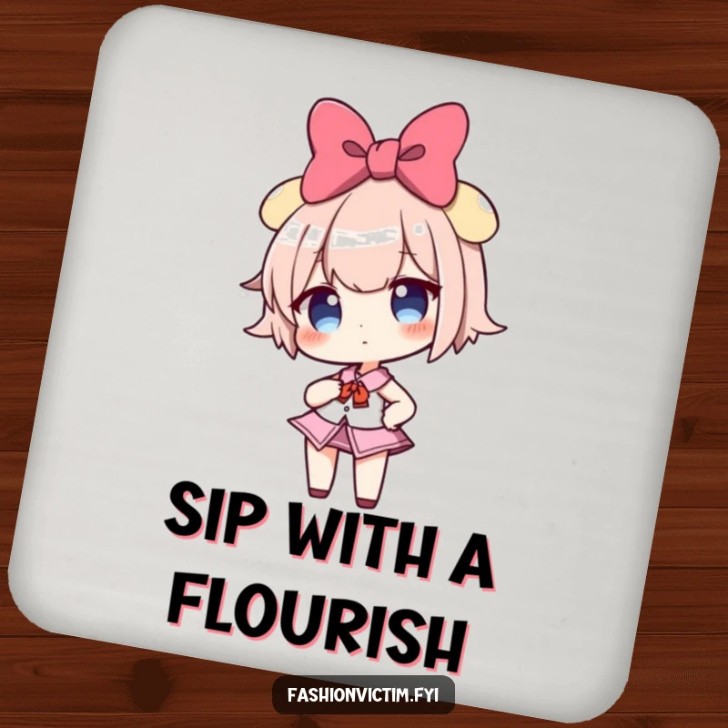 Funny drink coaster showcasing a confident girl character with a giant bow, striking a pose, adding humorous protection.