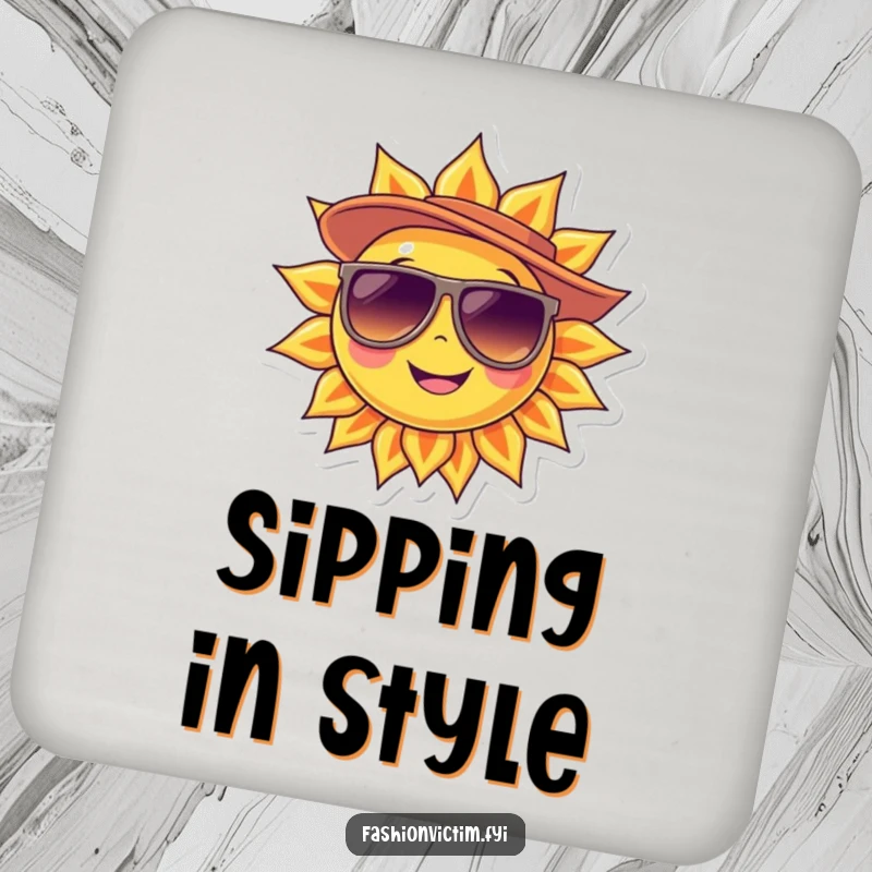 Funny Drink Coaster featuring a smiling sun character wearing oversized sunglasses and a stylish hat, adding coolness.