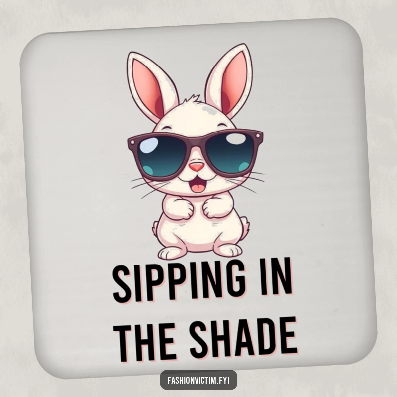 Funny coaster depicting a small bunny gleefully wearing oversized sunglasses; adds cool, humorous animal charm to any drink.