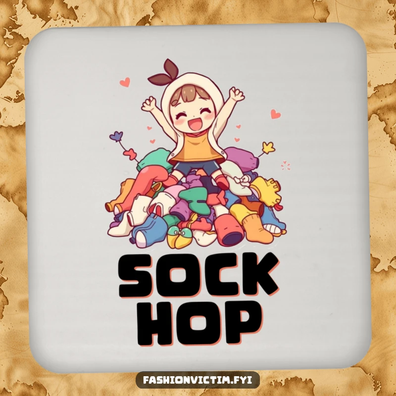 Funny drink coasters depicting a character joyfully diving into a colorful, messy pile of mismatched clothing, adding a touch of humor.