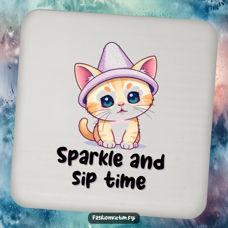 Funny coaster depicting a tiny cat adorably trying on a dazzling, oversized, sparkly hat; adds chic feline humor to any drink.