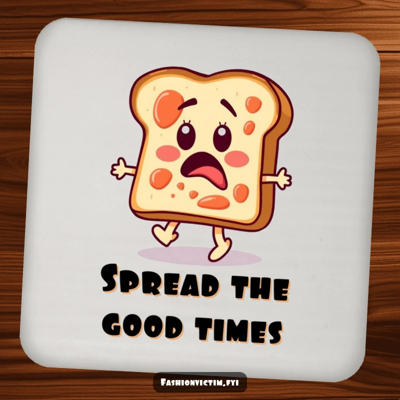 Funny coasters featuring a surprised toast slice with jam, walking a fashion runway.