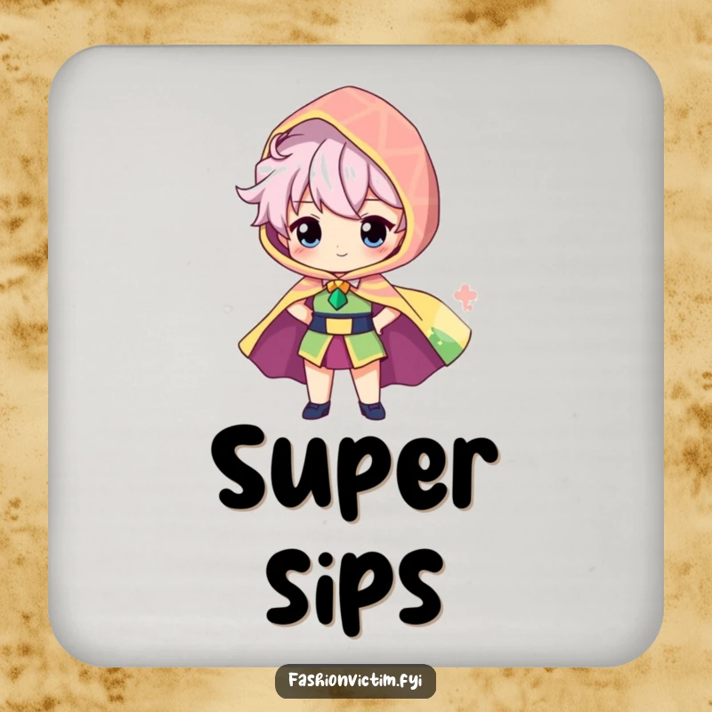 Funny drink coaster with a proud character showcasing a brightly patterned, oversized cape billowing behind them, protecting furniture.