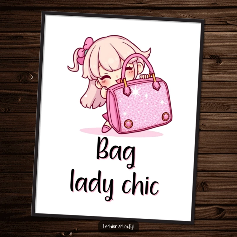 Funny poster print of a character hilariously battling a giant, sparkly handbag, adding humor to decor.