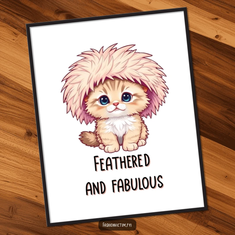 Funny poster of a fluffy kitten comically falling, wearing an oversized feathered hat, embodying cute chaos.