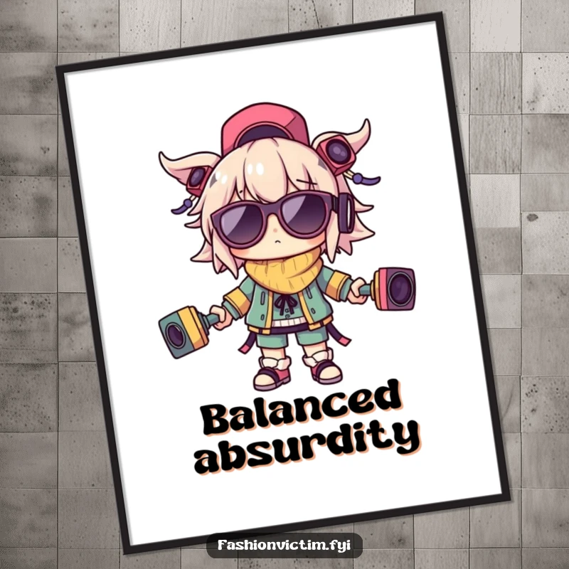 Funny poster of a character attempting to balance several outlandish accessories, perfect for adding a humorous and chaotic touch.