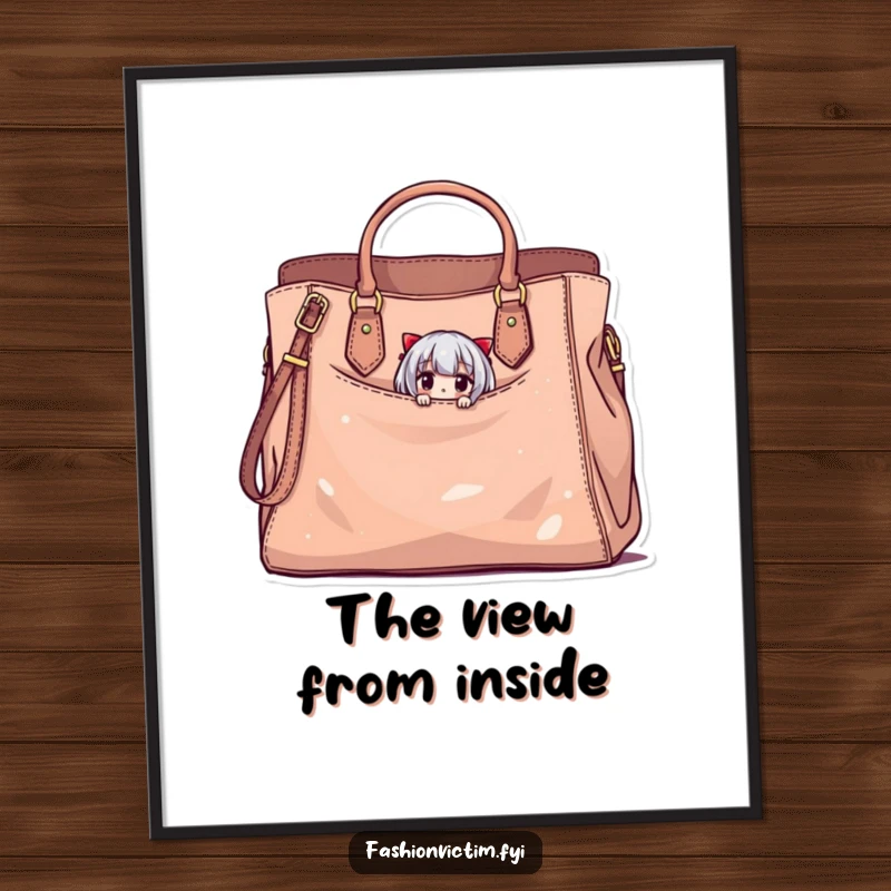 Funny poster art of a tiny character peeking from a large, stylish but slightly damaged handbag, a humorous piece for chic interiors.