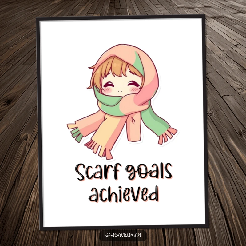 Funny Poster of a bubbly character draped in a ridiculously long, colorful scarf, radiating cheerful vibes.