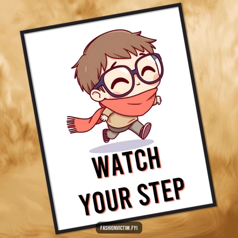 Funny poster print of a character with exaggeratedly large glasses stumbling forward, tripping hilariously on a trailing scarf.