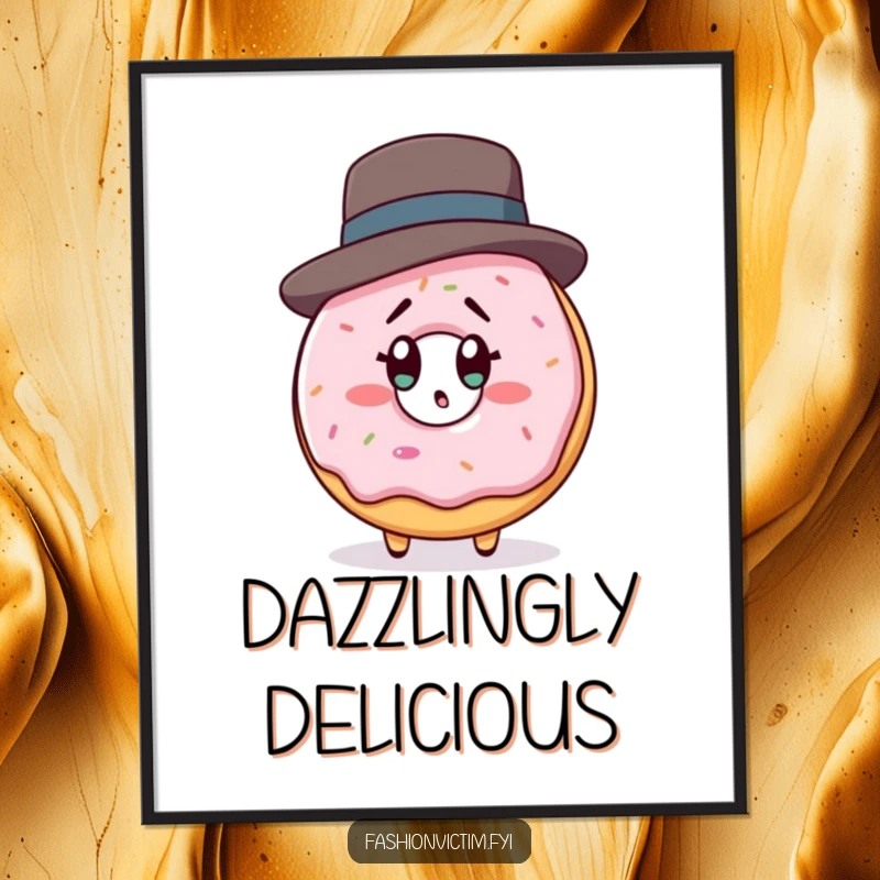 Funny poster art of a donut character wearing a designer hat, looking shocked at its own reflection, celebrating pastry vanity.