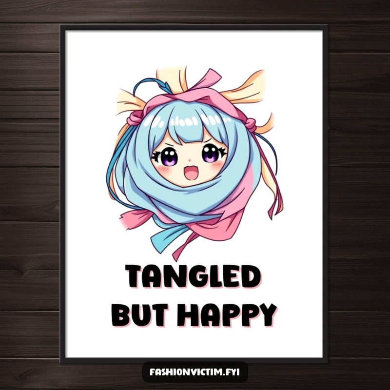 Funny poster of a character happily tangled in vibrant, colorful fabric with a surprised, beaming face, embodying pure joy.