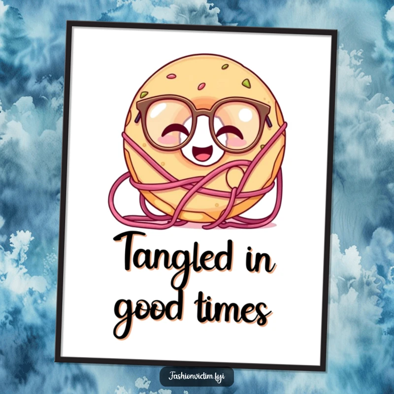 Funny poster print of a giggling doughnut wearing oversized glasses and delightfully tangled in a large ball of yarn.