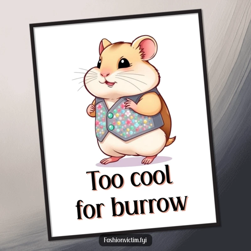 Funny Hamster Poster: A captivating chubby hamster confidently struts in an absurdly small, sparkling sequined vest, full of charm.