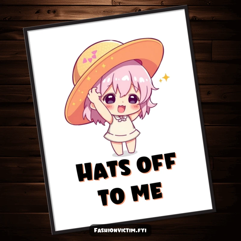 Funny poster art of a character playfully wearing a giant sequined hat, a humorous piece for festive and whimsical decor.