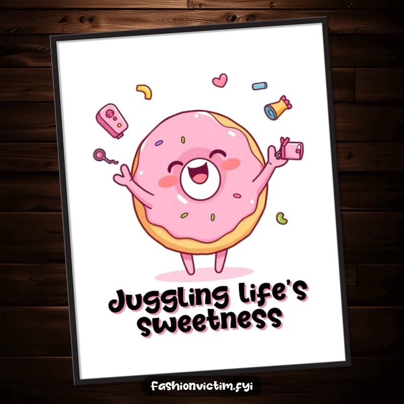 Funny art poster of a pink donut character joyfully juggling tiny, colorful accessories, adding a vibrant and cheerful touch to any wall.