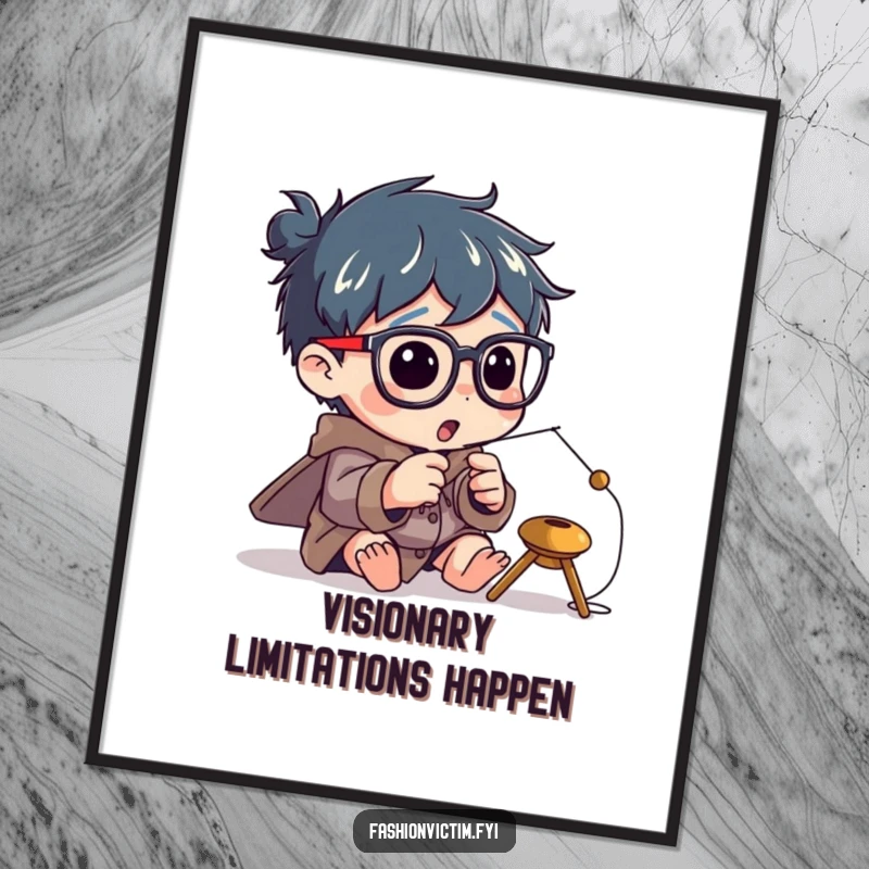 Funny poster of a character intensely focused on threading a tiny needle, wearing comically enormous spectacles, capturing the effort.