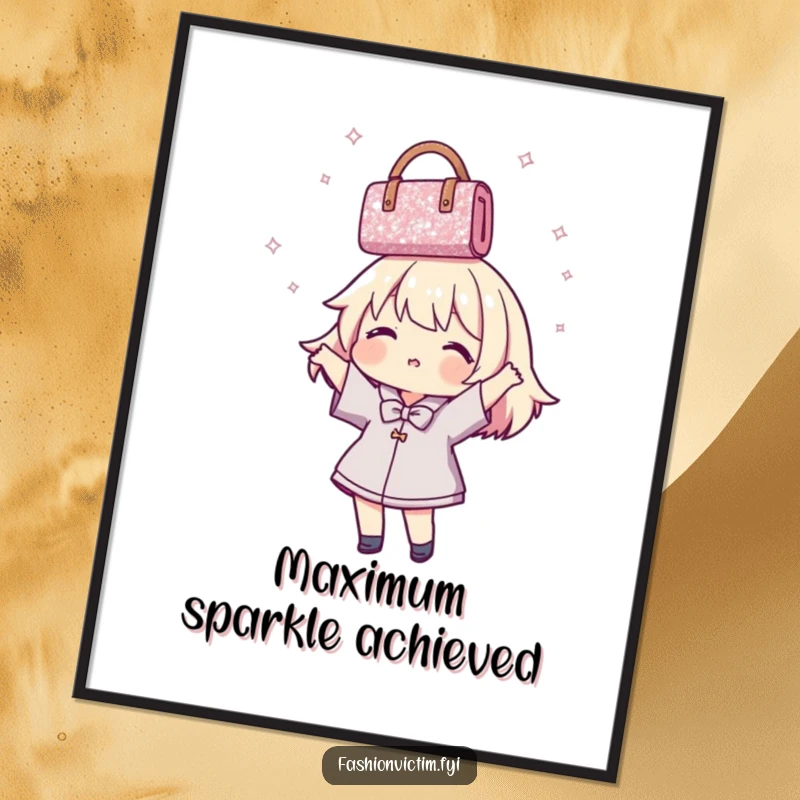 Funny Poster showcasing a character in a dynamic pose, playfully spinning a dazzling glittery handbag above their head.